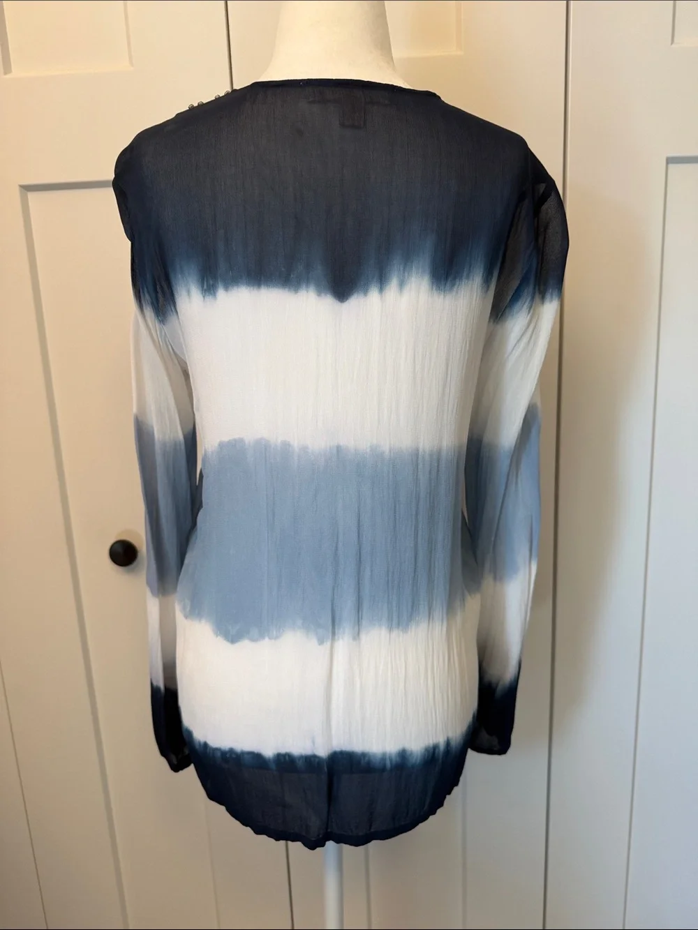Michael Kors Navy, Light Blue and White Beaded V-Neck Blouse